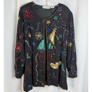 Vintage French Collizioni Beaded Sequin Champaign Party Open Front Jacket Sz 3X
